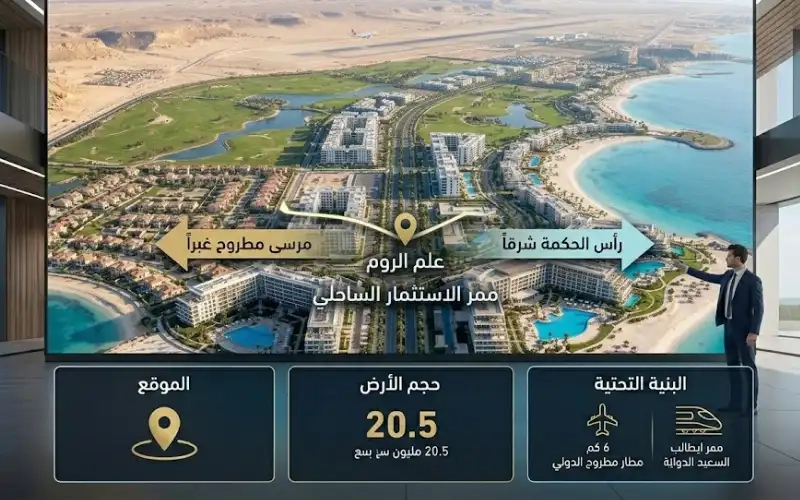 خريطة استثمار مشروع علم الروم وموقعه الاستراتيجي بين مرسى مطروح ورأس الحكمة بالساحل الشمالي.