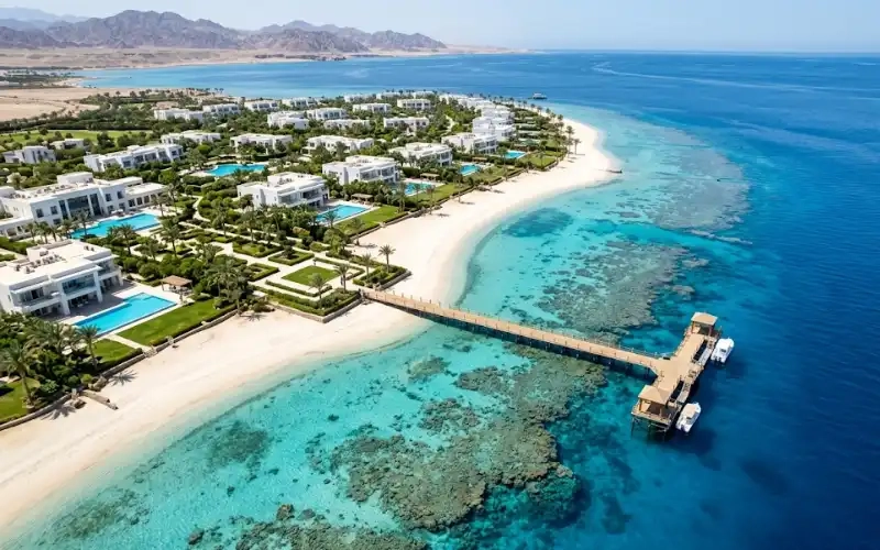 Luxury coastal resort on Egypt's Red Sea with sandy beach and turquoise waters